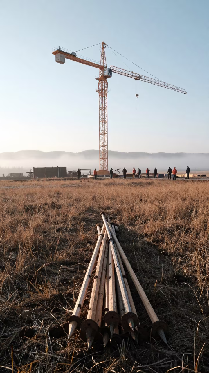 Survey Stake Bundle Under Crane in Montana Dawn in beneath a tower crane on open ground in Montana