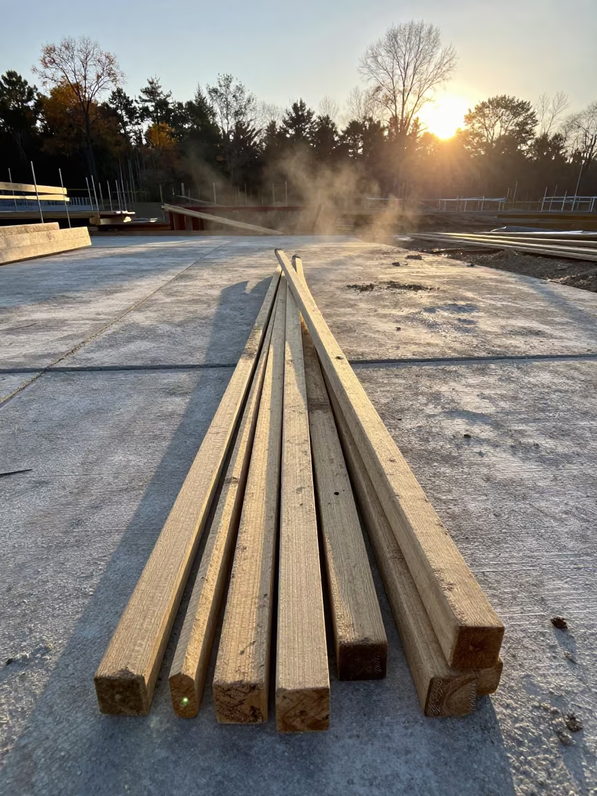 Survey Stake Bundle Morning Construction Kentucky in on an active construction deck in Kentucky