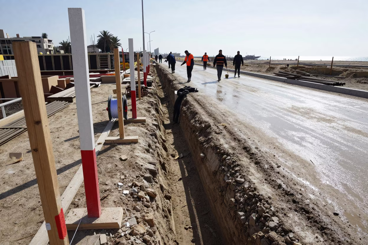 Survey stakes and paint reels at Aleppo construction site in at a muddy site access road near Aleppo