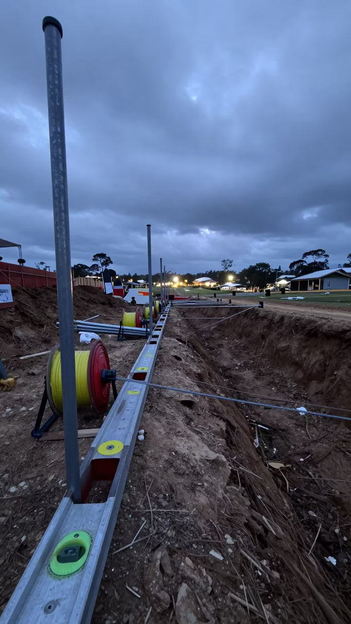 Survey stakes and paint reels at construction trench edge in inside a taped-off excavation edge near Cairns