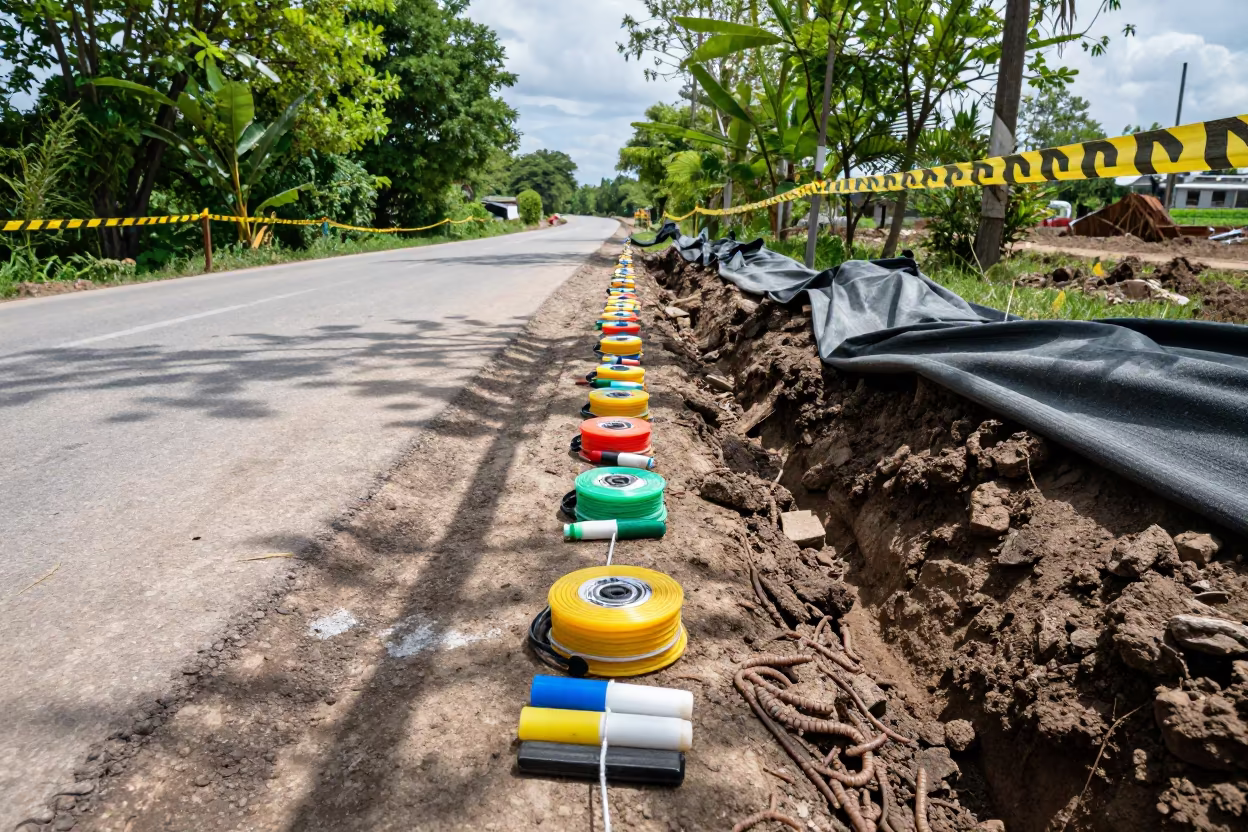 Survey stakes and paint reels on muddy Moldova road in at a muddy site access road in Moldova