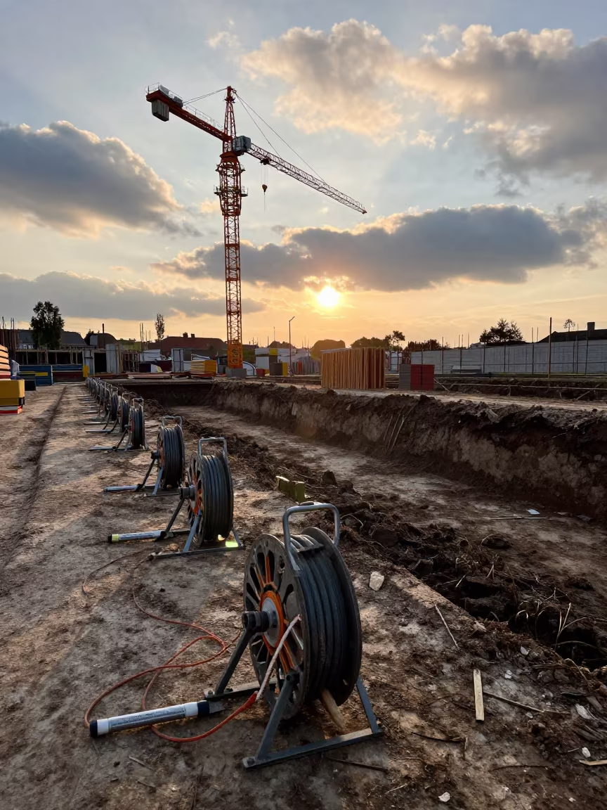Survey stakes and reels at dawn in Gdynia in beneath a tower crane on open ground in Gdynia