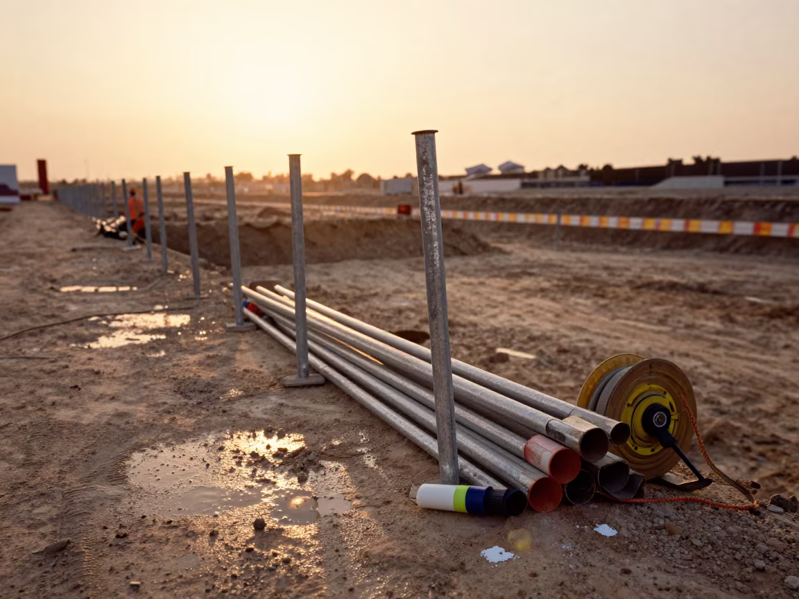 Survey stakes and tools at golden hour in Qatar trench in inside a taped-off excavation edge in Qatar