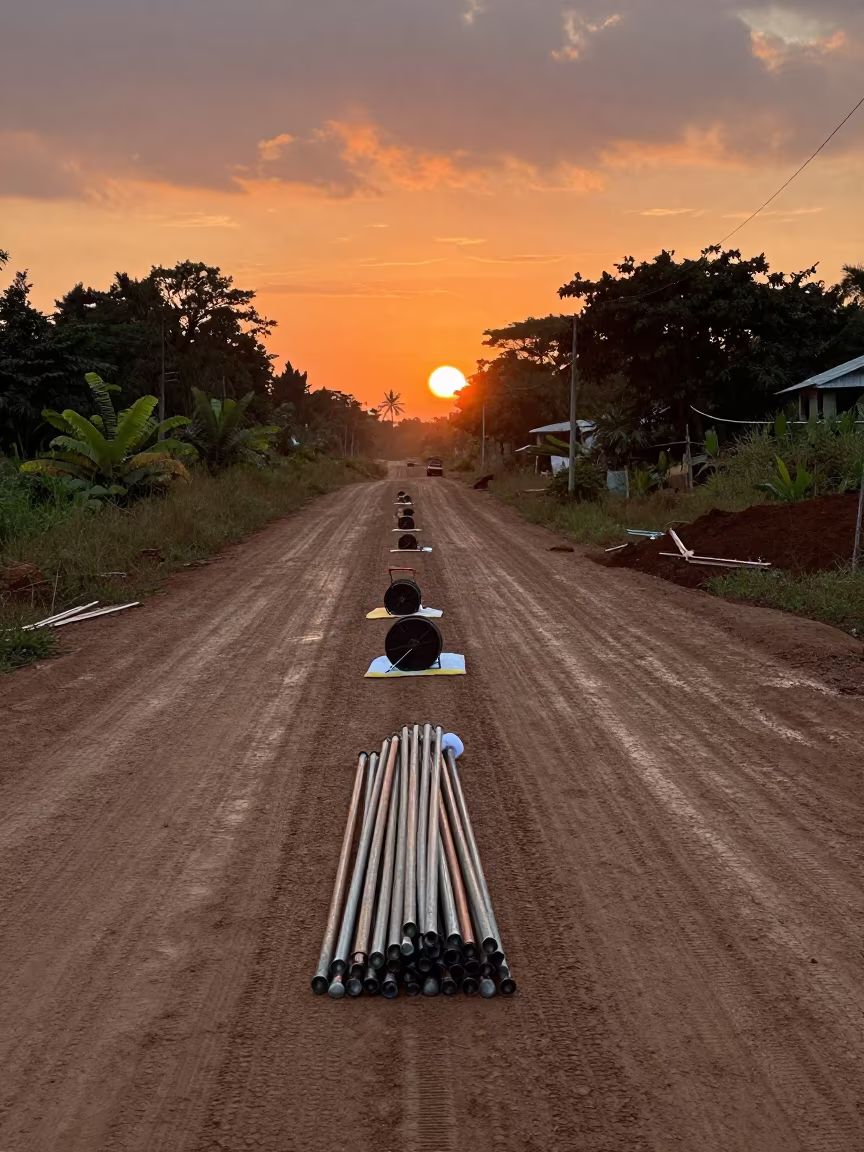 Survey Stakes and Tools in Liberian Rain in at a muddy site access road in Liberia