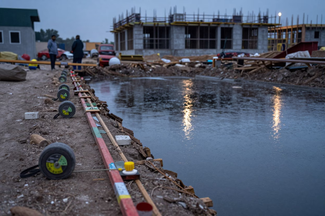 Survey Tools Beside Afghan Building Shell in Rain in beside a framed building shell in Afghanistan
