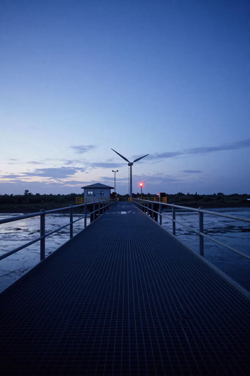 Survey transect line on Hyderabad research platform at blue hour in on a wind-scoured research platform near Hyderabad