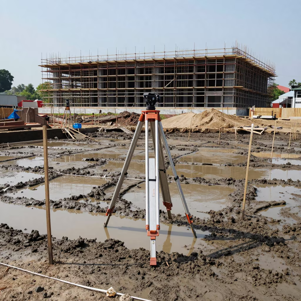 Survey Tripod on Mud Beside Stakes Near Bandung in along a scaffolded facade near Bandung