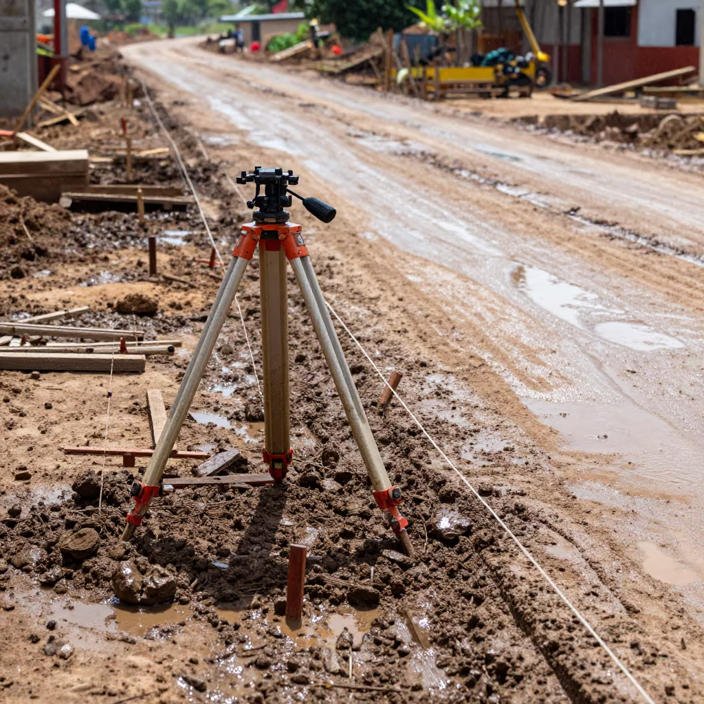 Survey Tripod On Muddy Road In Cotonou in at a muddy site access road in Cotonou