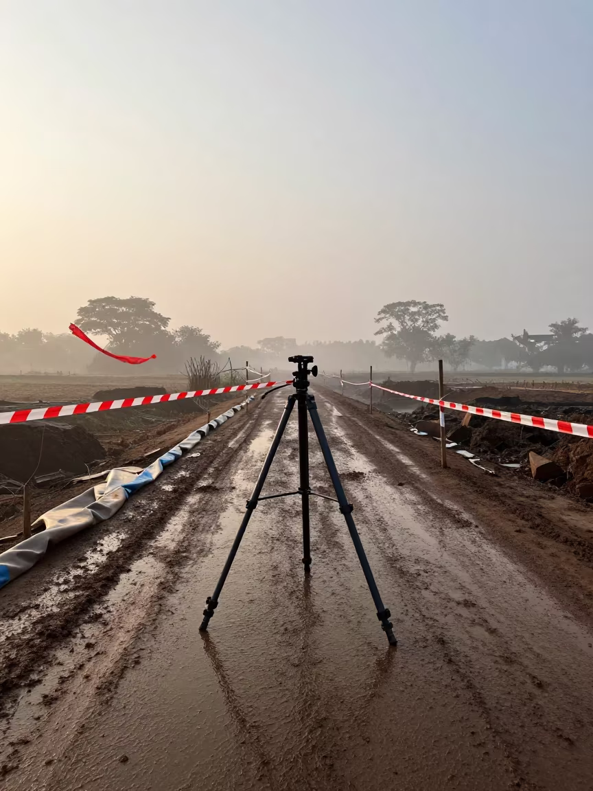 Survey Tripod on Wet Mud Road Near Pune in at a muddy site access road near Pune