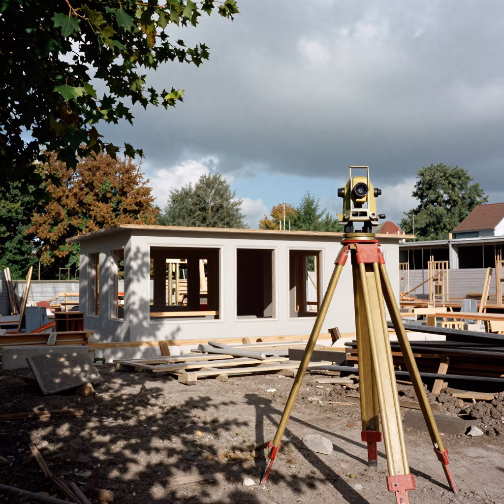 Surveyor Transit Beside Belgian Building Shell in beside a framed building shell in Belgium