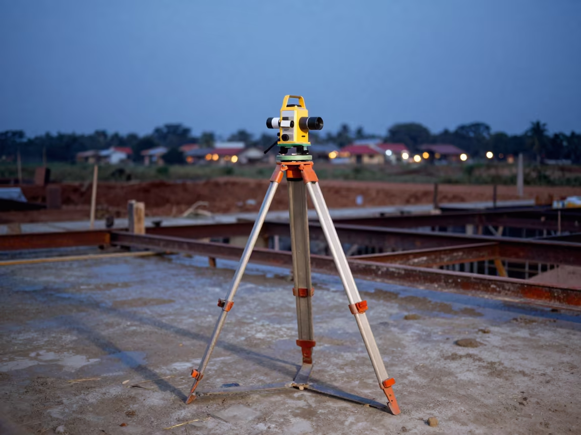 Surveyor Transit on Construction Deck at Dusk in on an active construction deck near Lome