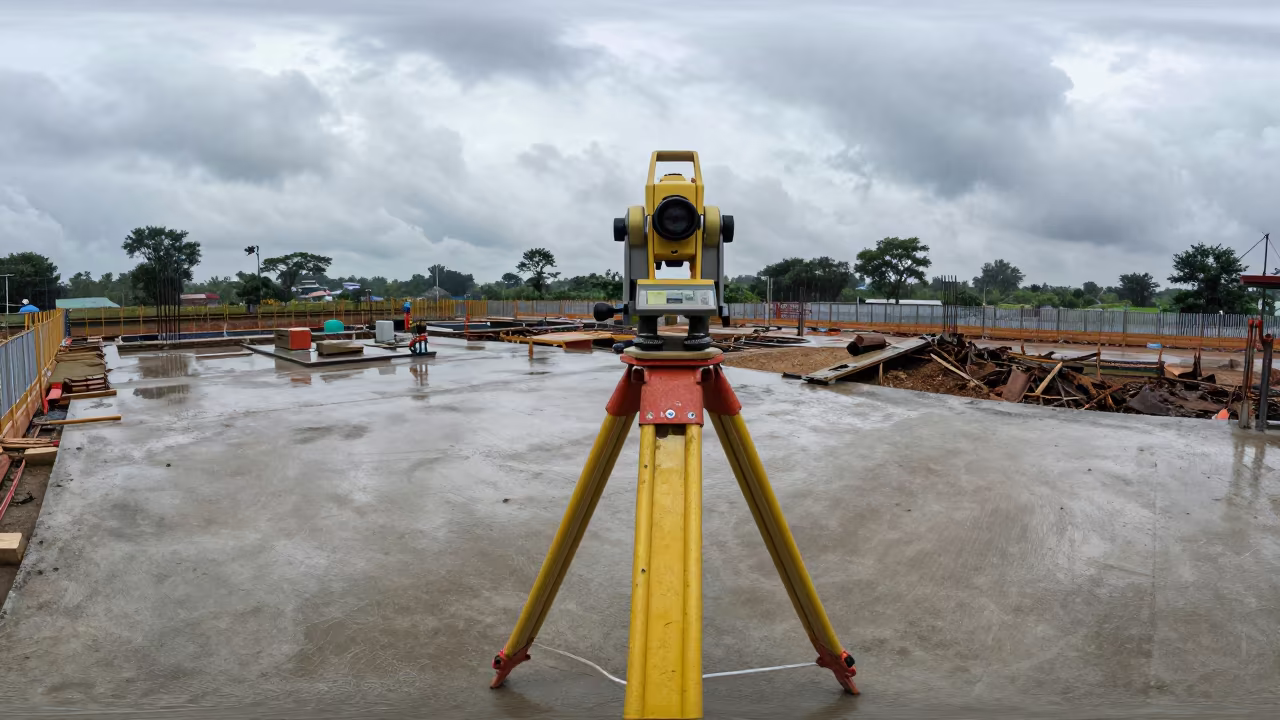 Surveyor Transit on Construction Deck in Jalgaon in on an active construction deck in Jalgaon