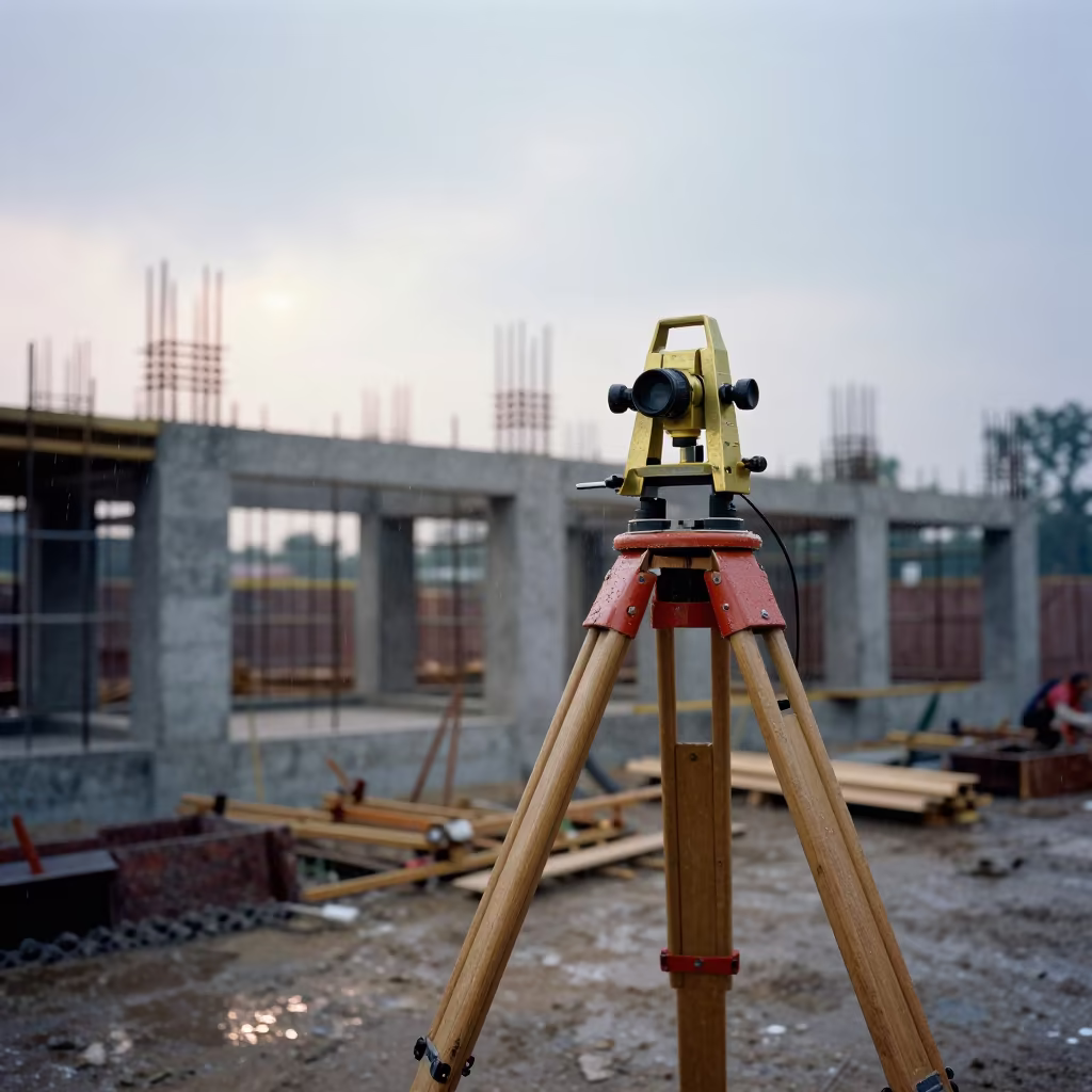Surveyor Transit at Dawn Construction Site Punjab in beside a framed building shell in Punjab