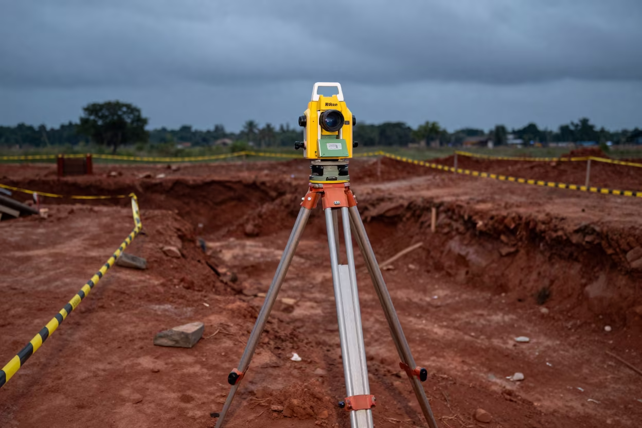 Surveyor Transit at Nigerian Excavation Site in inside a taped-off excavation edge in Nigeria