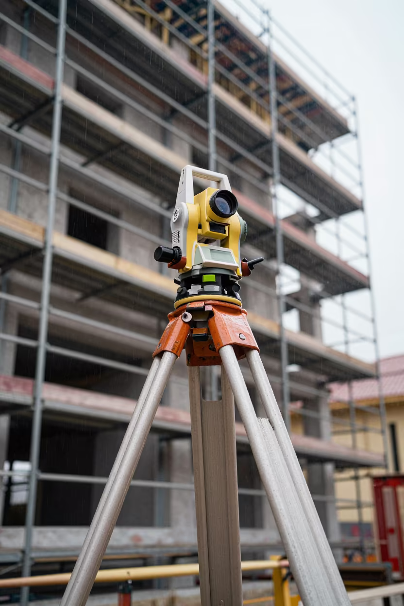 Surveyor Transit on Scaffold Zagreb Winter in along a scaffolded facade near Zagreb