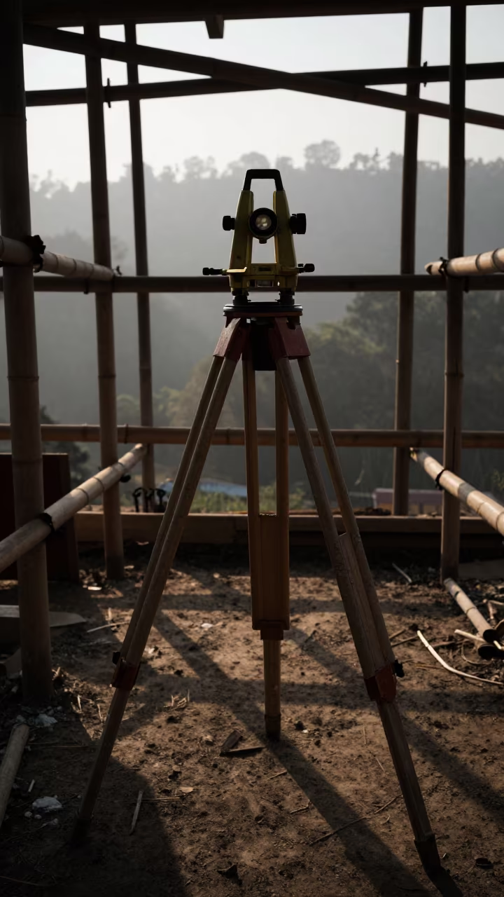 Surveyor Transit on Scaffolded Facade in Meghalaya in along a scaffolded facade in Meghalaya
