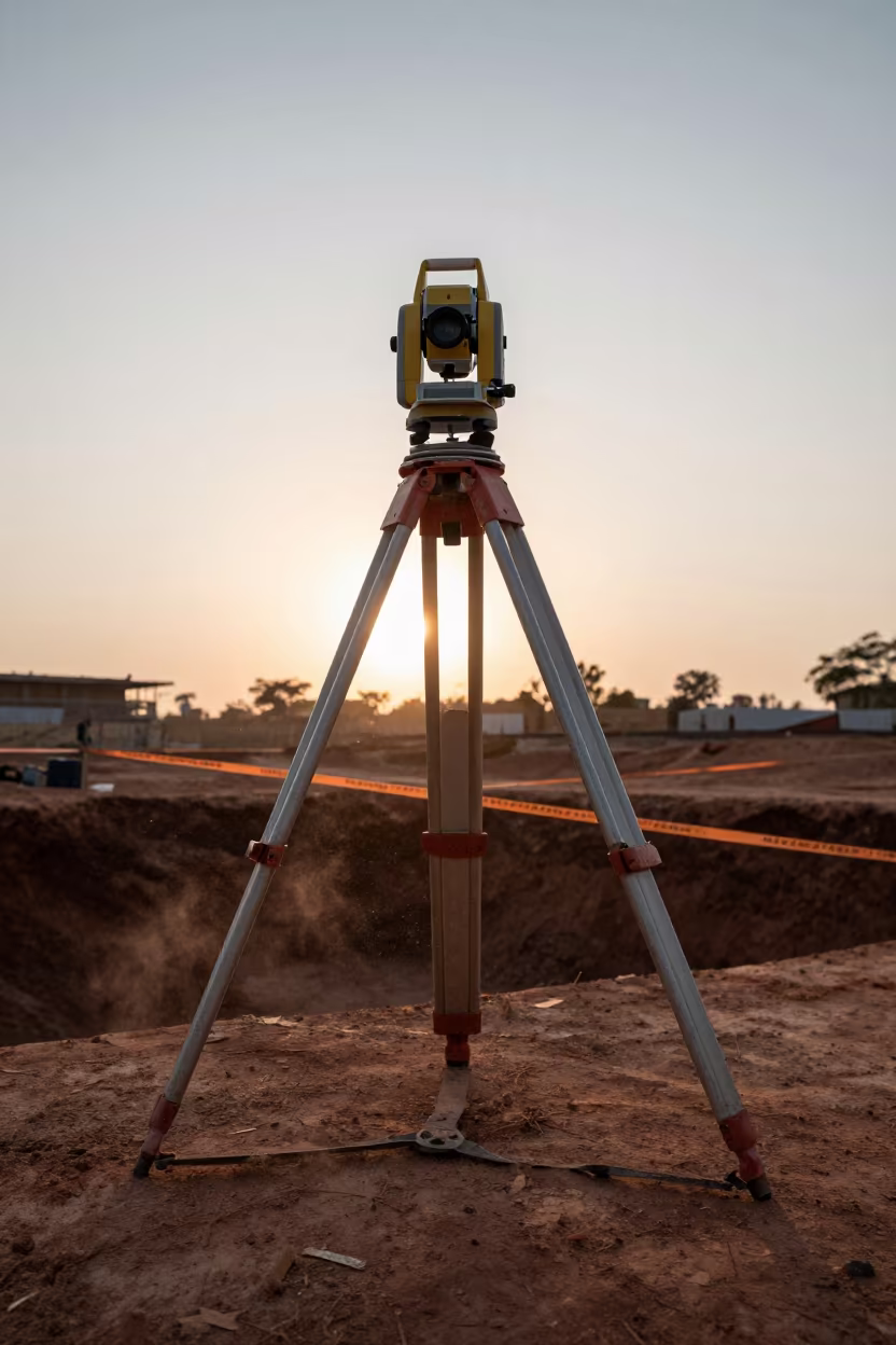 Surveyor Transit Silhouette at Cameroon Construction Sunset in inside a taped-off excavation edge in Cameroon