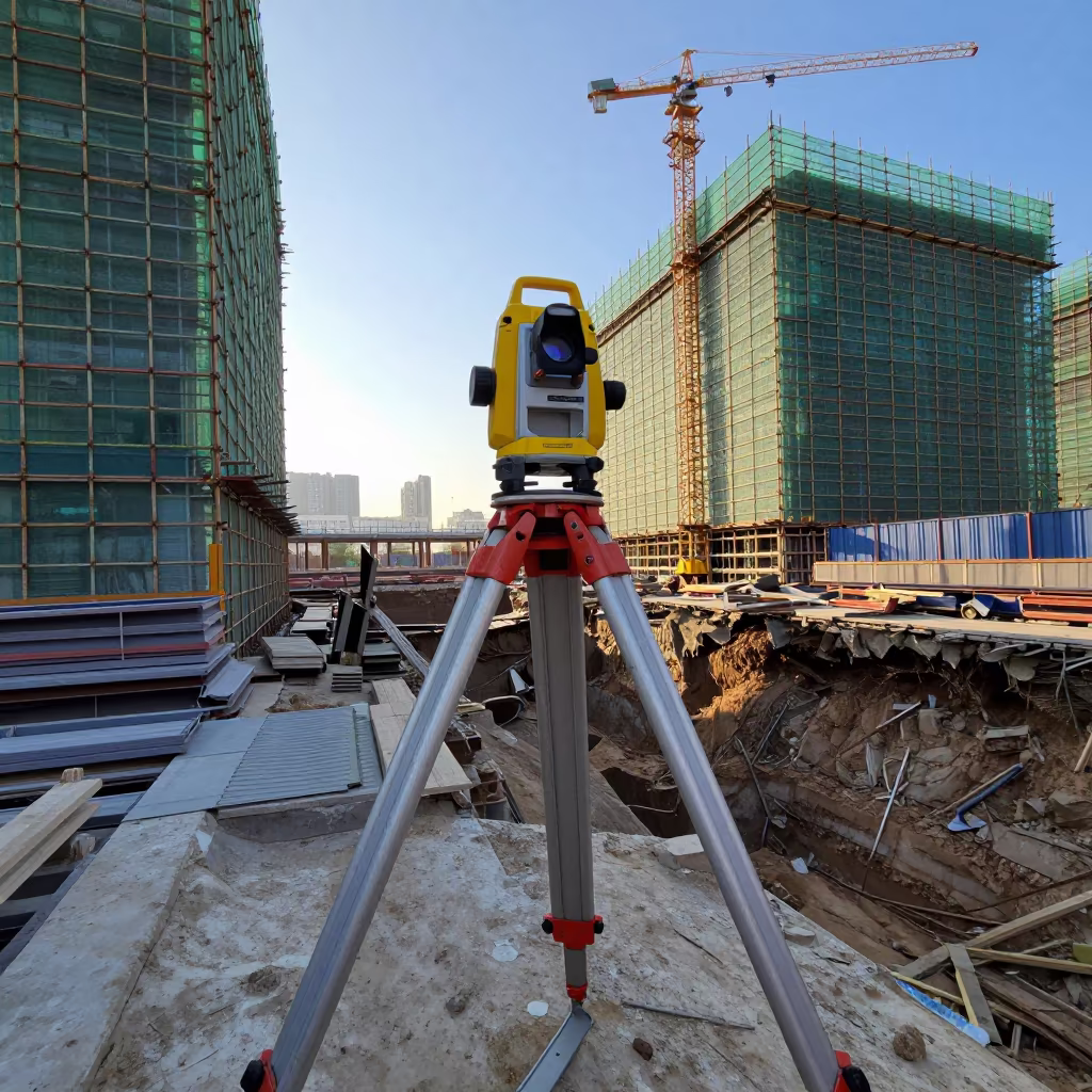 Surveyor Transit at Wenzhou Excavation Dawn in inside a taped-off excavation edge near Wenzhou