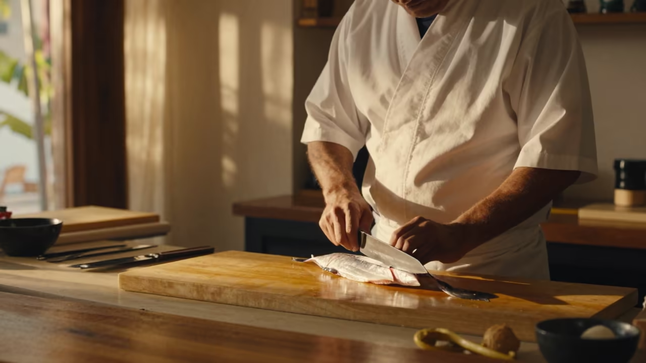 Sushi Chef Slicing Fish in Ciudad Del Carmen Atelier in in an atelier in Ciudad del Carmen