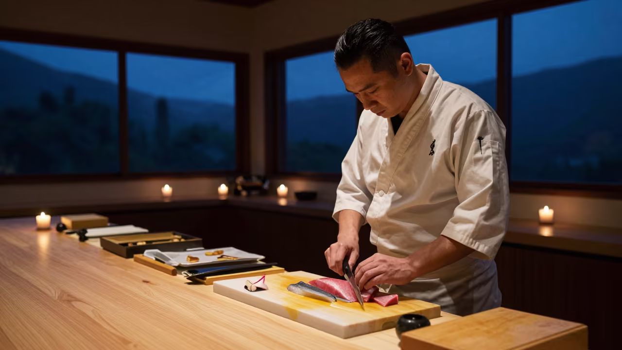 Sushi Chef Slicing Fish in Ibagué Rehearsal Room in in a rehearsal room in Ibagué