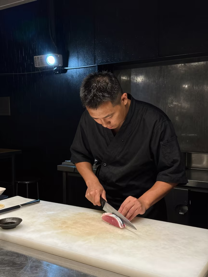 Sushi Chef Slicing Fish in Masvingo Foundry in in a foundry in Masvingo