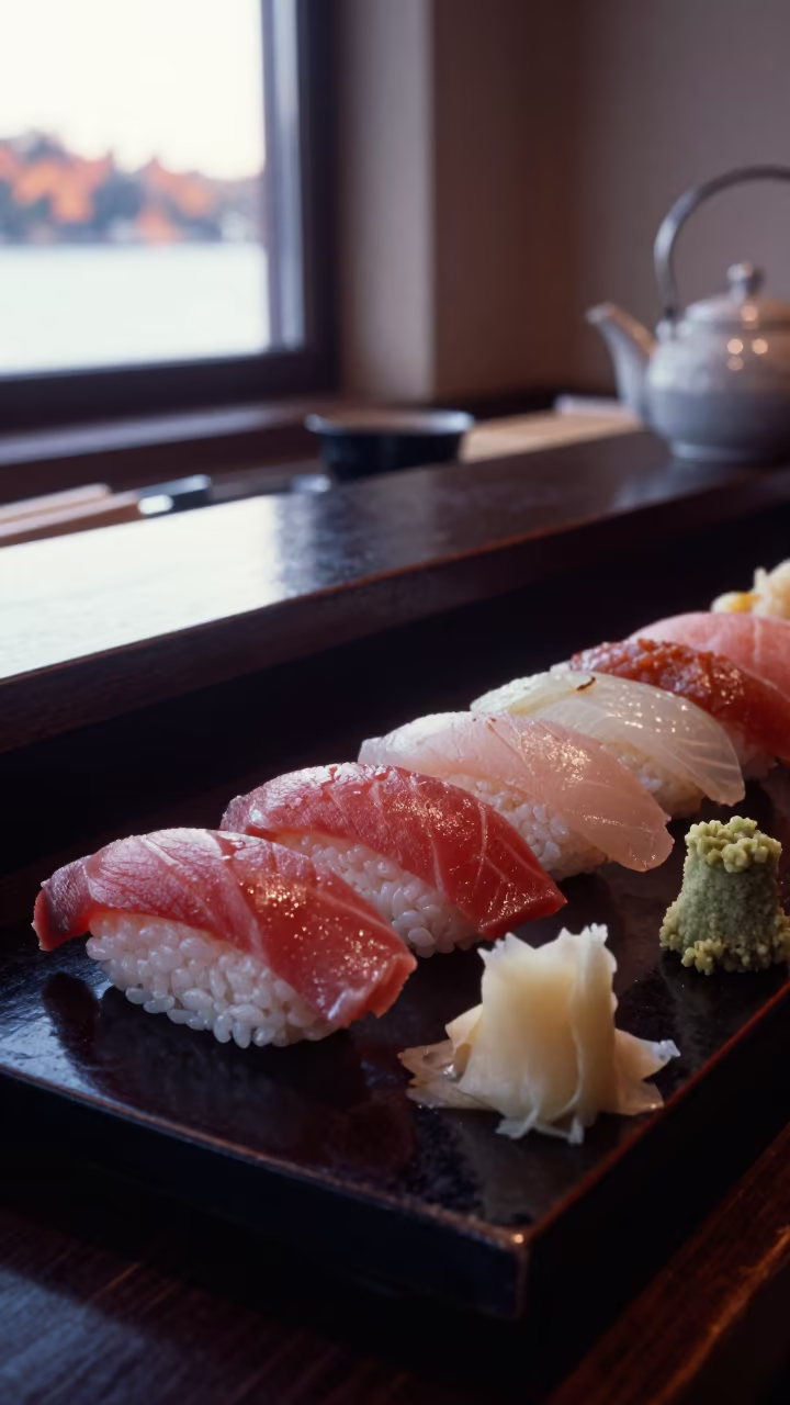 Sushi on Lacquer Tray in Split Morning Light in on a tea house tray in Split