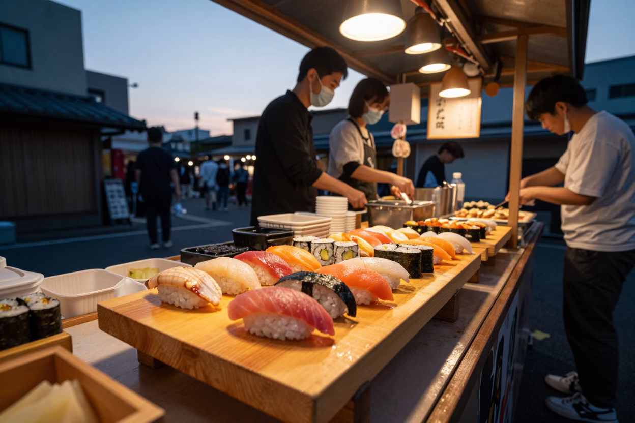 Sushi on wooden board in Fukuoka Japan street food stall at sunset in in Fukuoka, Japan