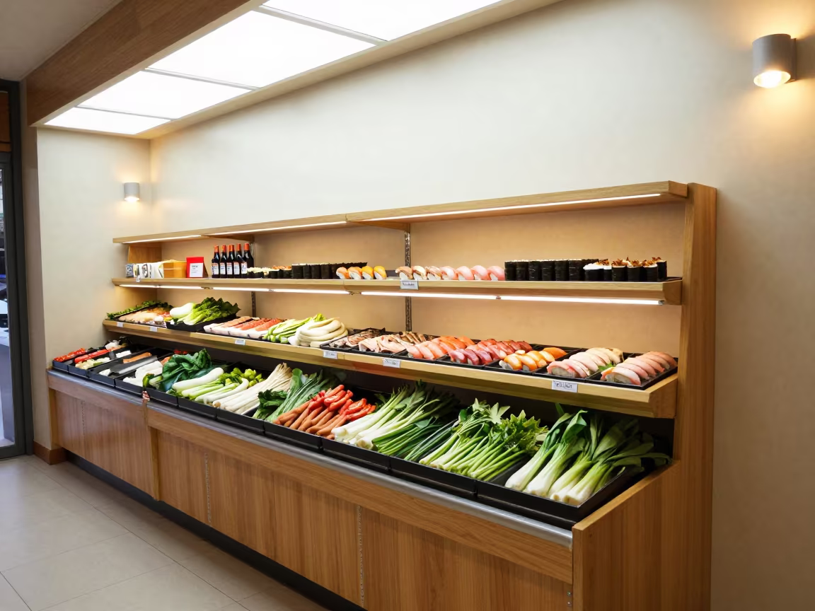 Sushi Paddle Shelf Retail Reset Near Xian in inside a storefront display zone near Xian