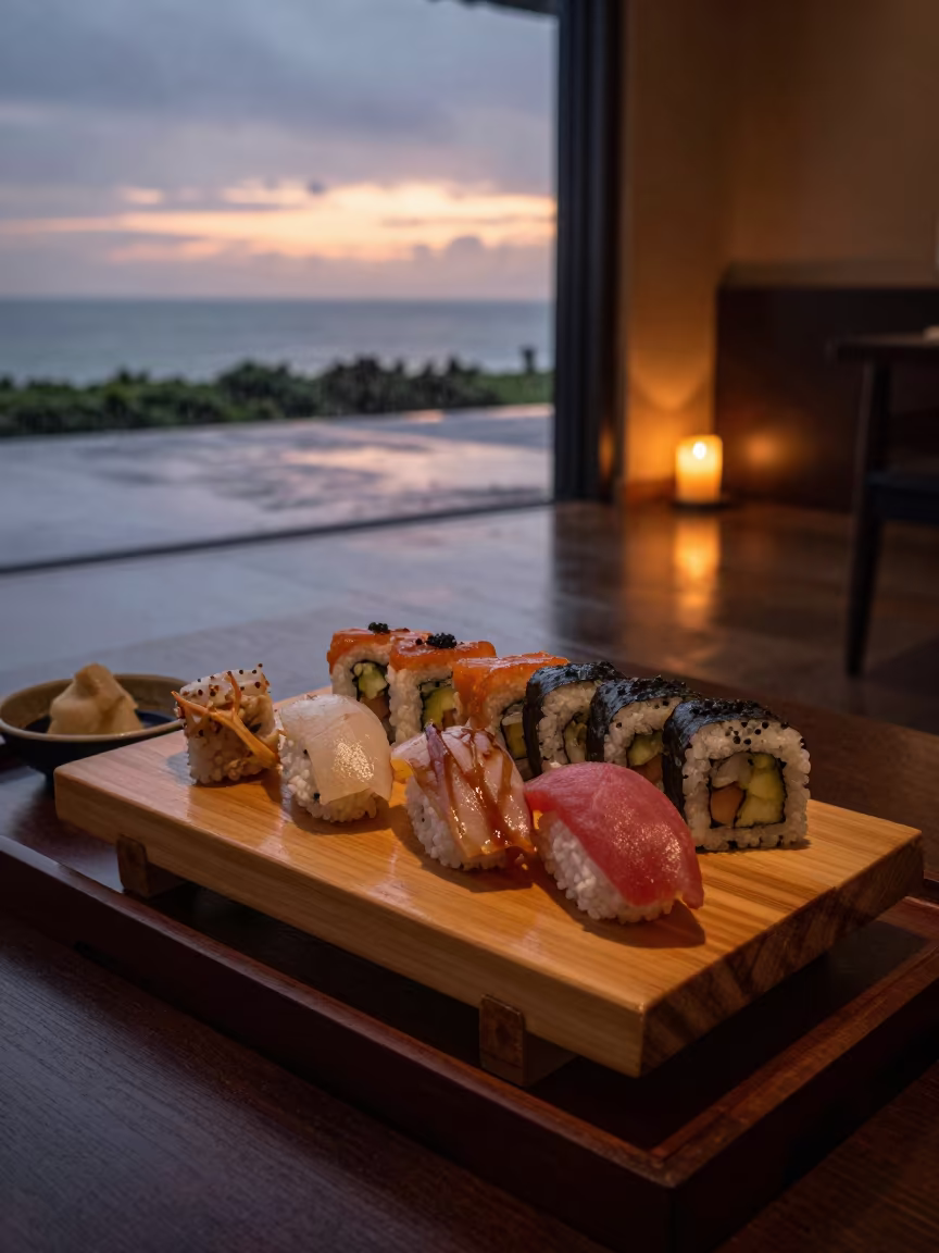 Sushi on Tea House Tray Guayaquil Sunset in on a tea house tray in Guayaquil