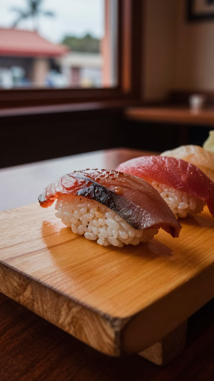 Sushi on Wood Board at Nassau Diner in at a roadside diner table in Nassau