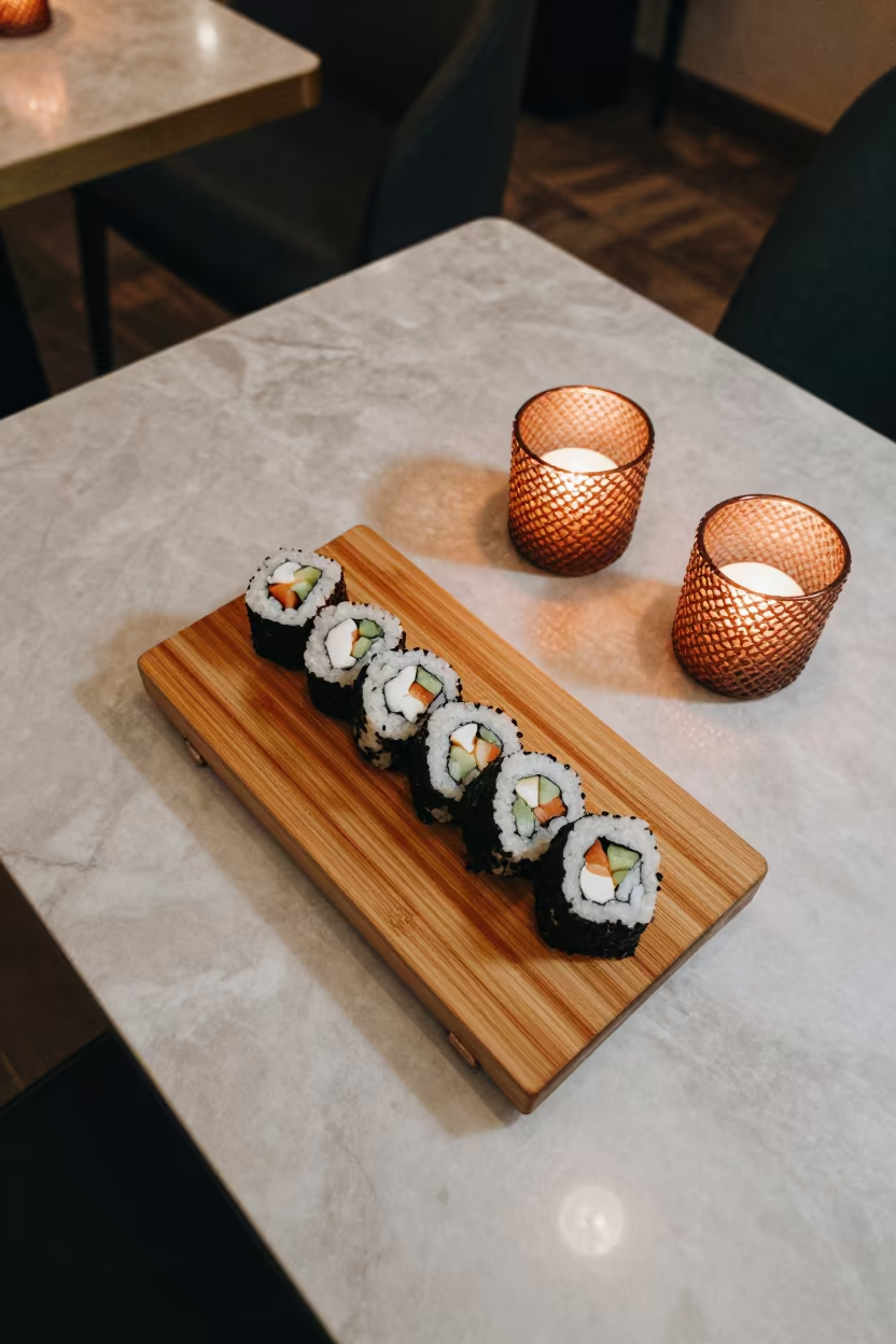 Sushi on Wooden Board in Dushanbe Cafe in on a marble cafe table in Dushanbe