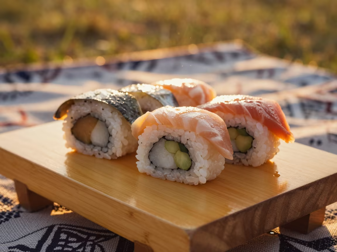 Sushi on wooden board picnic blanket in on a picnic blanket in Kanasín