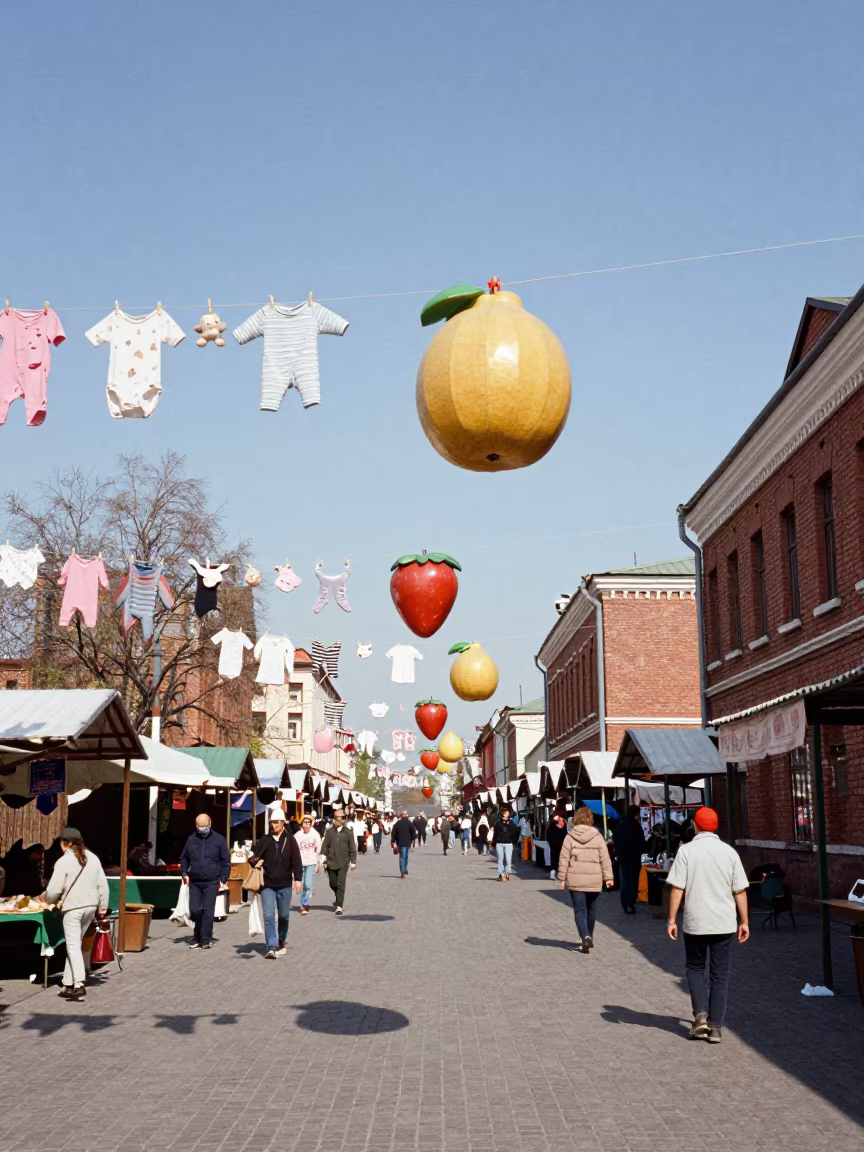 Suspended Fruit Above Baby Clothes in Moscow Garden in along a market lane in Moscow