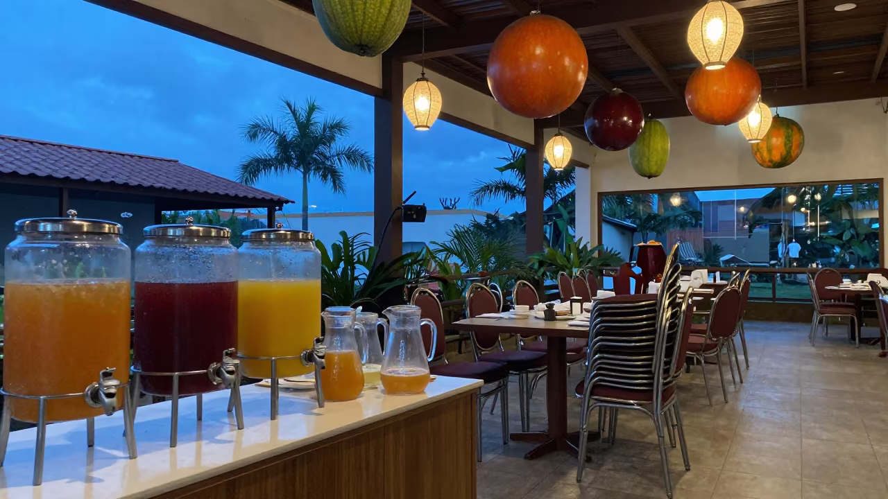 Suspended Fruit Over Breakfast Tables at Twilight in inside a banquet hall before service in Guayaquil