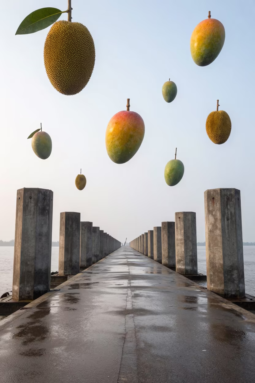 Suspended Fruit Over Flooded Bangladesh Levee in beside a storm surge barrier in Bangladesh