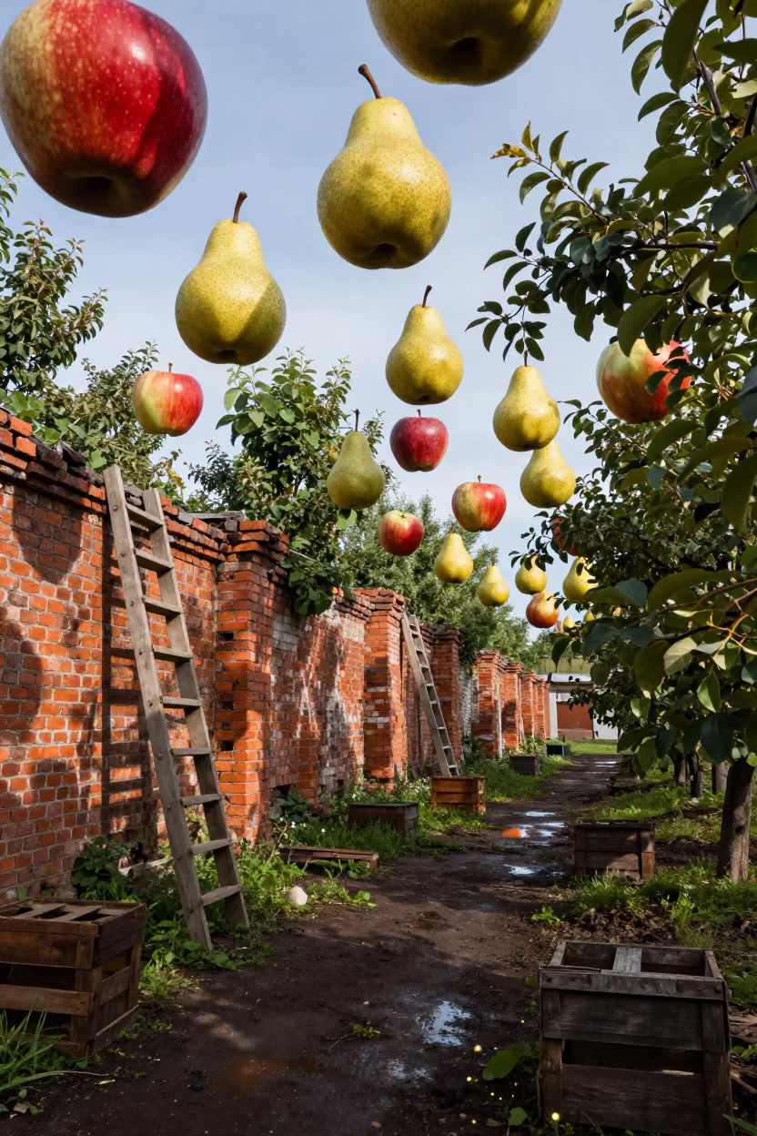 Suspended Fruit Over Ruined Moscow Orchard Wall in among orchard ladders and crates in Moscow