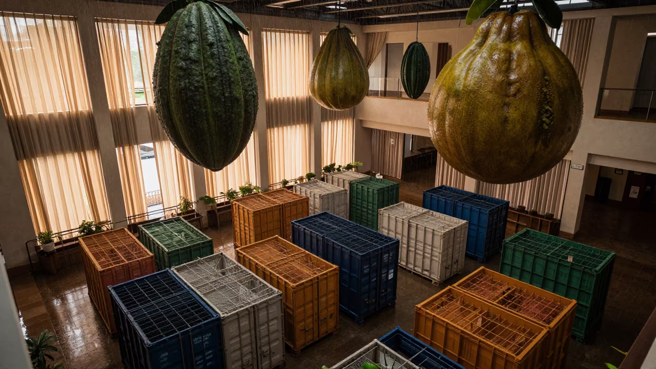 Suspended Fruit Over Shipping Crates in Dawn Light in inside a vaulted atrium near Enugu