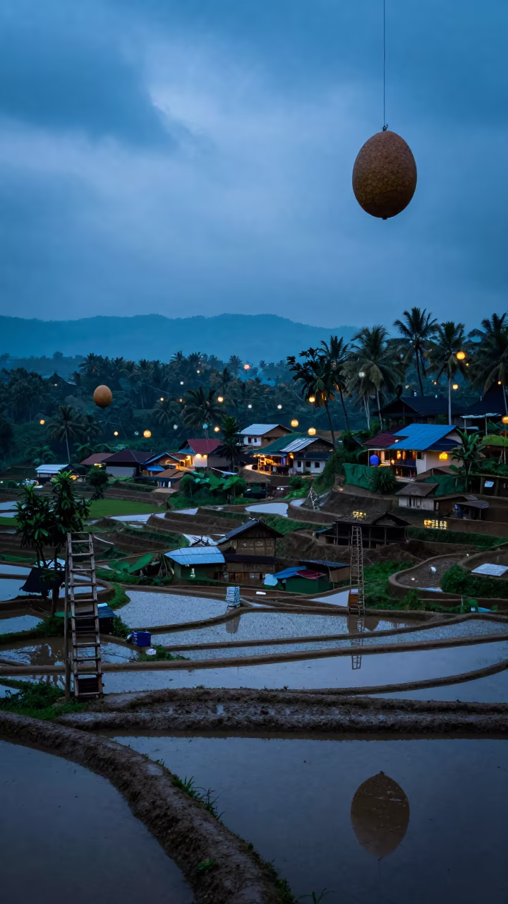 Suspended Harvest Kerala Rice Terraces Blue Hour in among orchard ladders and crates in Kerala
