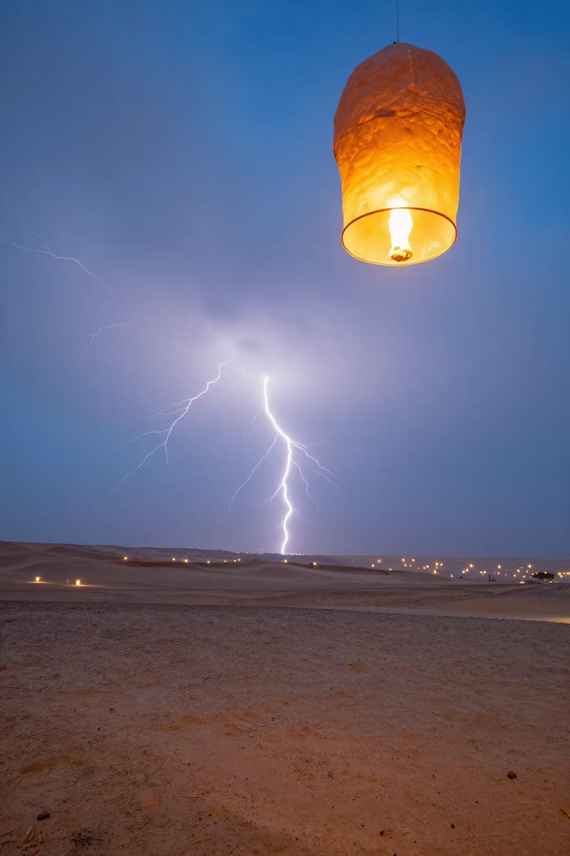 Suspended Lanterns Over Desert Mesa Lightning in beneath fast-moving cloud bands near Riyadh