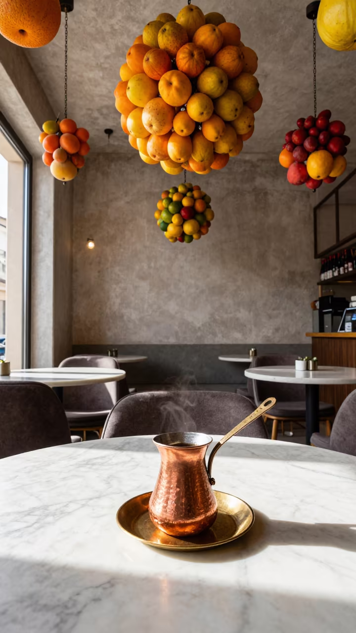 Suspended Lanterns Over Copper Turkish Pot in Taranto Cafe in on a marble cafe table in Taranto