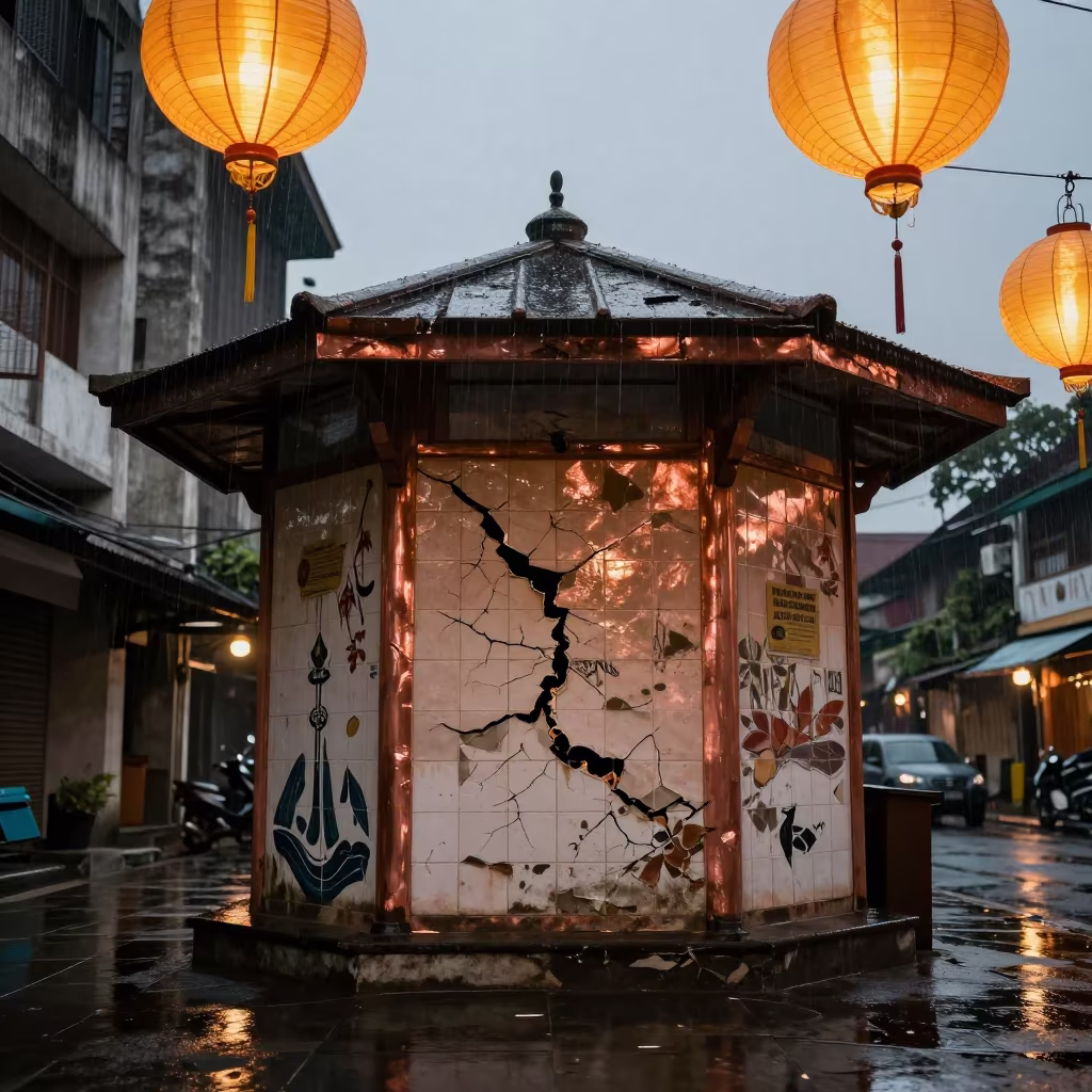 Suspended Lanterns Over Cracked Yogyakarta Mural in by a rain-darkened kiosk in Yogyakarta