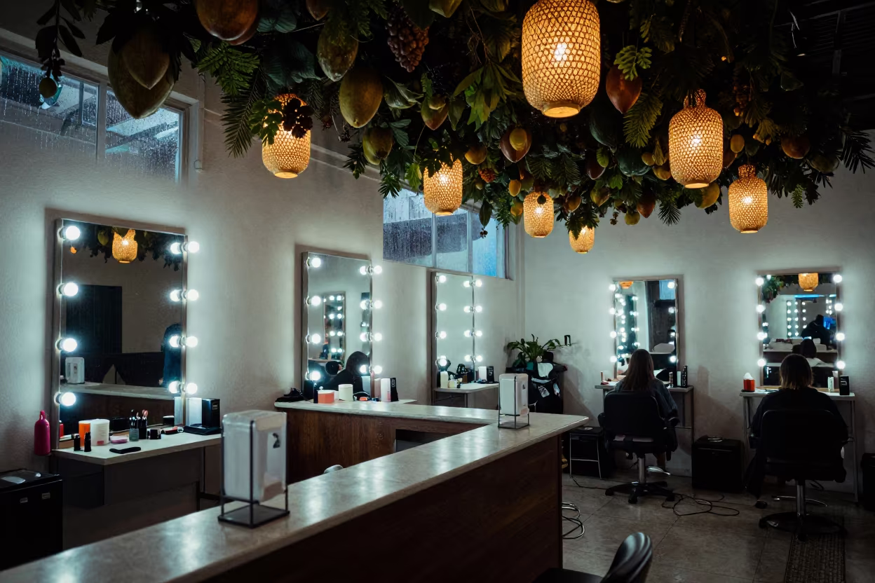 Suspended Lanterns Over Salon Counter in at a salon reception counter in Panama City
