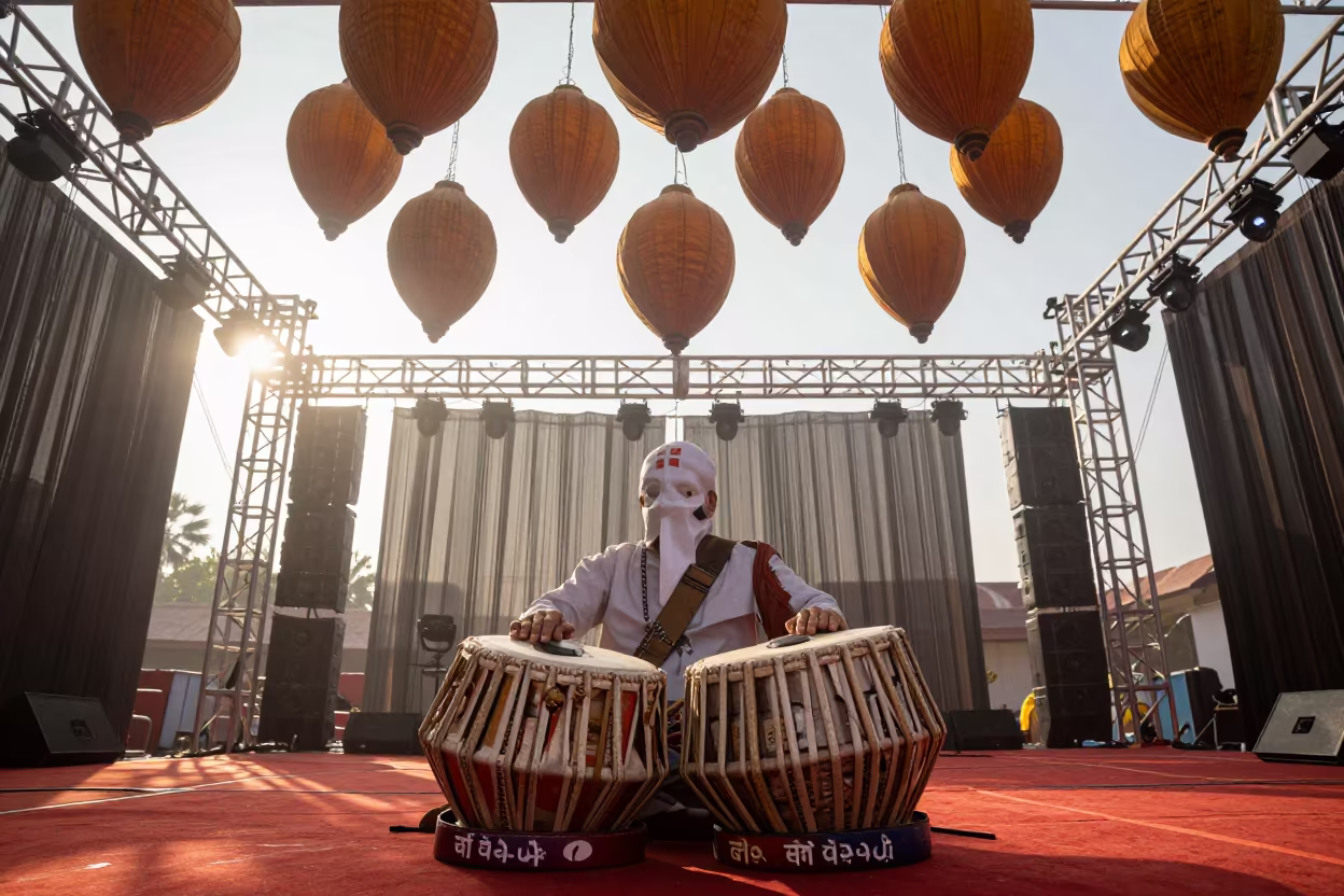 Suspended Lanterns Over Tabla on Raipur Stage in on a theater stage in Raipur