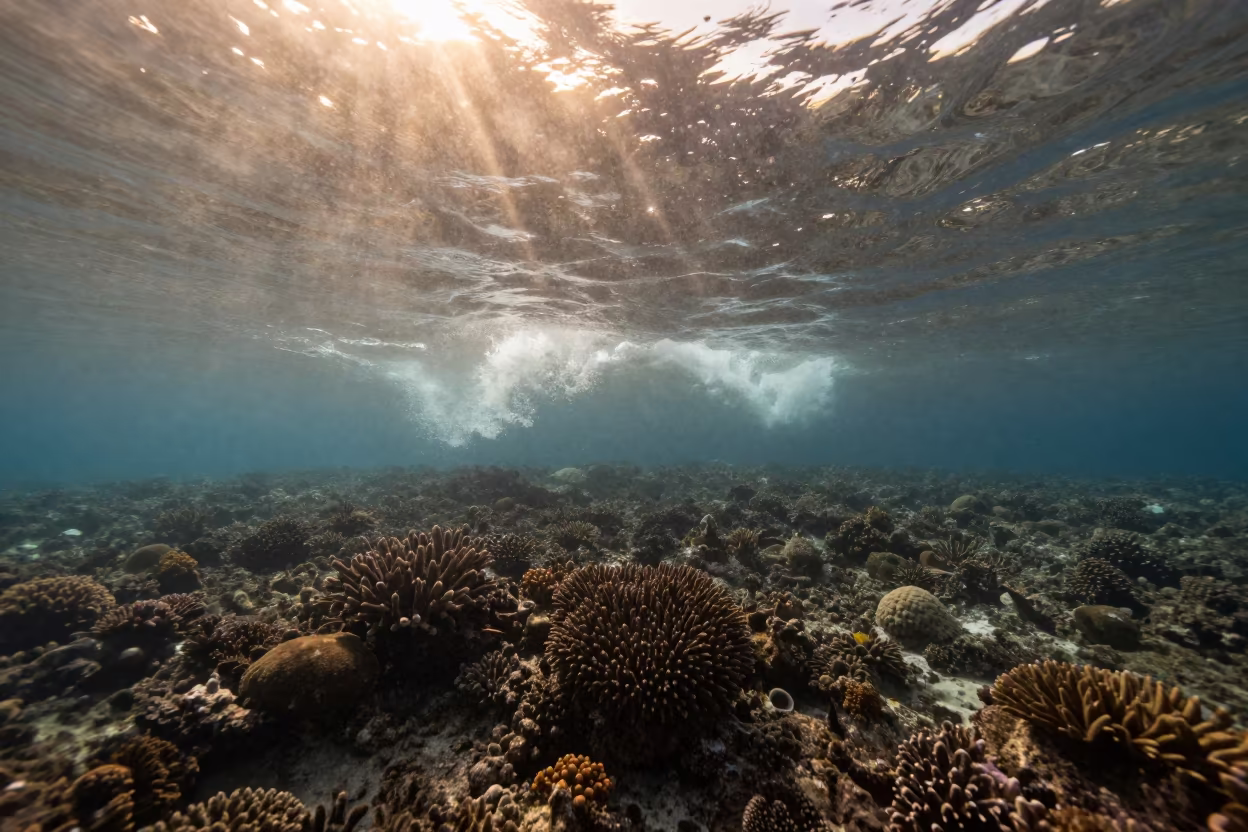 Suspended Particles Glow in Reef Ledge Light in beneath a reef ledge in tropical shallows near Belize City