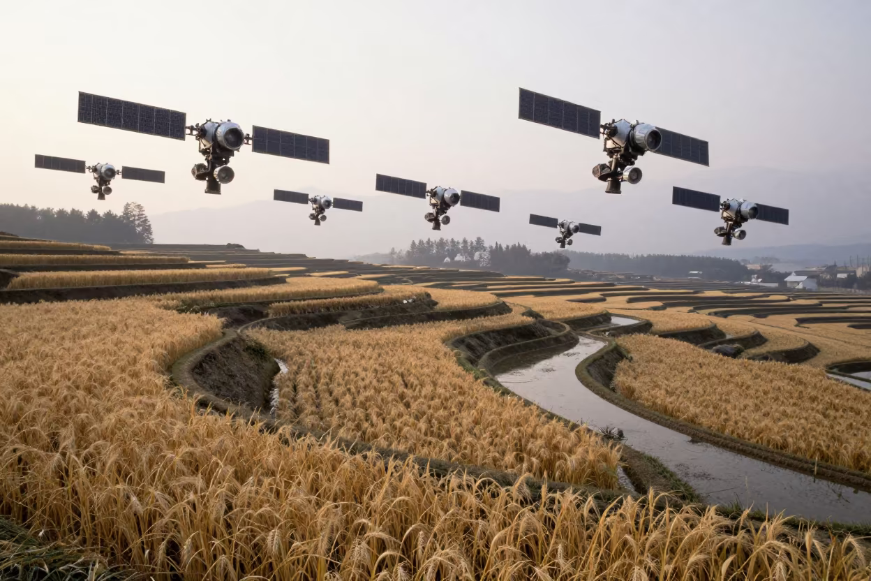 Suspended Satellites Over Winter Wheat Field in among terraced rice paddies in Chugoku