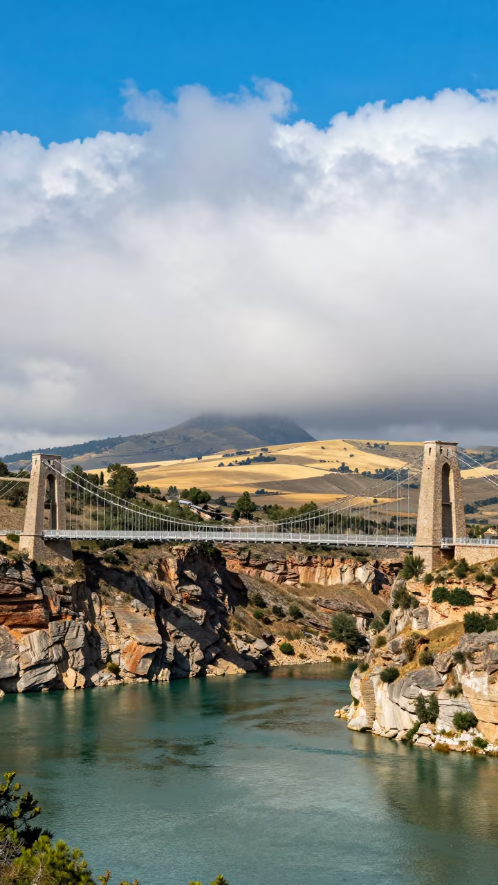 Suspension Bridge Vanishing Into Fog Over Aragon Gorge in across a storm-bright plain in Aragon
