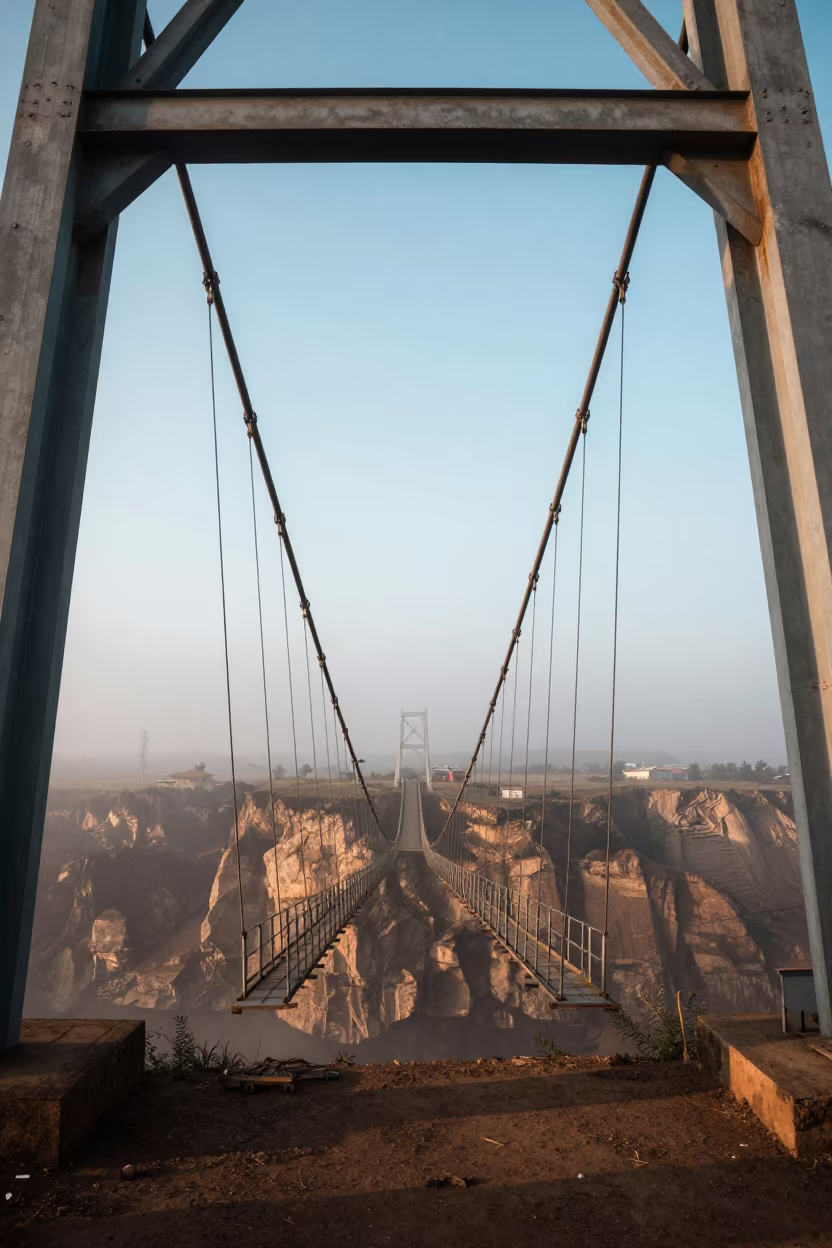 Suspension Bridge Vanishing Into Fog Over Gorge in across a storm-bright plain near Maiduguri