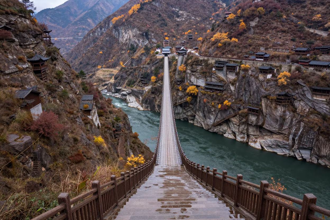 Suspension Bridge Over Fjord in Early Autumn Light in at the base of a monumental staircase in Sichuan