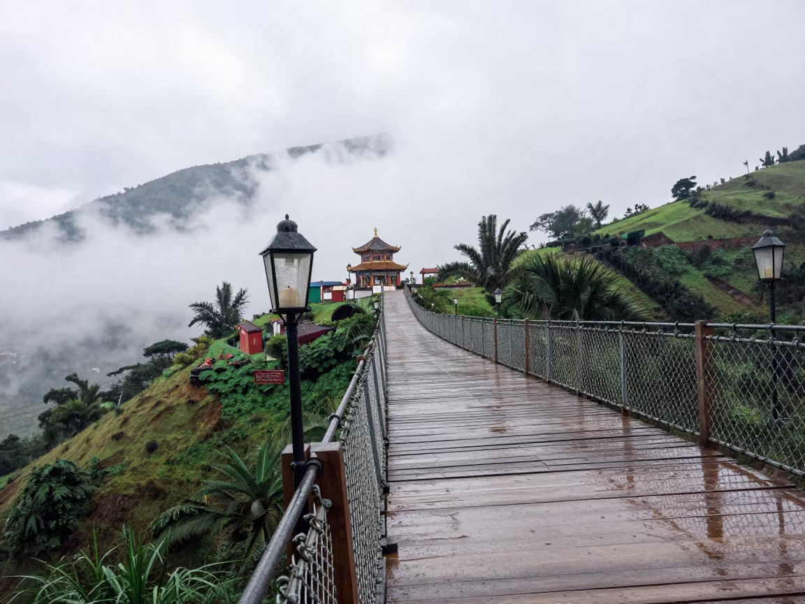 Suspension Bridge Vanishing Into Clouds in in a lantern-lined temple precinct near Cochabamba