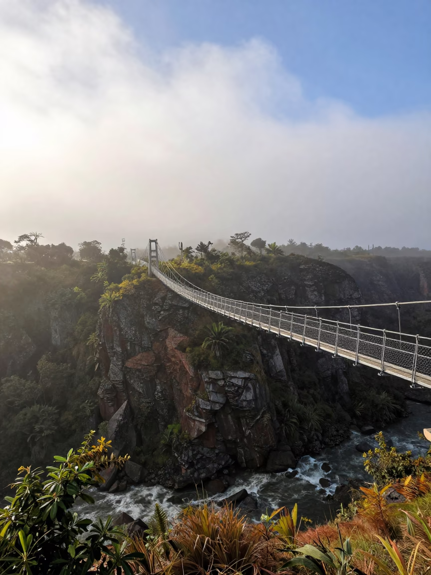 Suspension Bridge Vanishing Into Fog Over Gorge in beneath fast-moving cloud bands near Buenos Aires